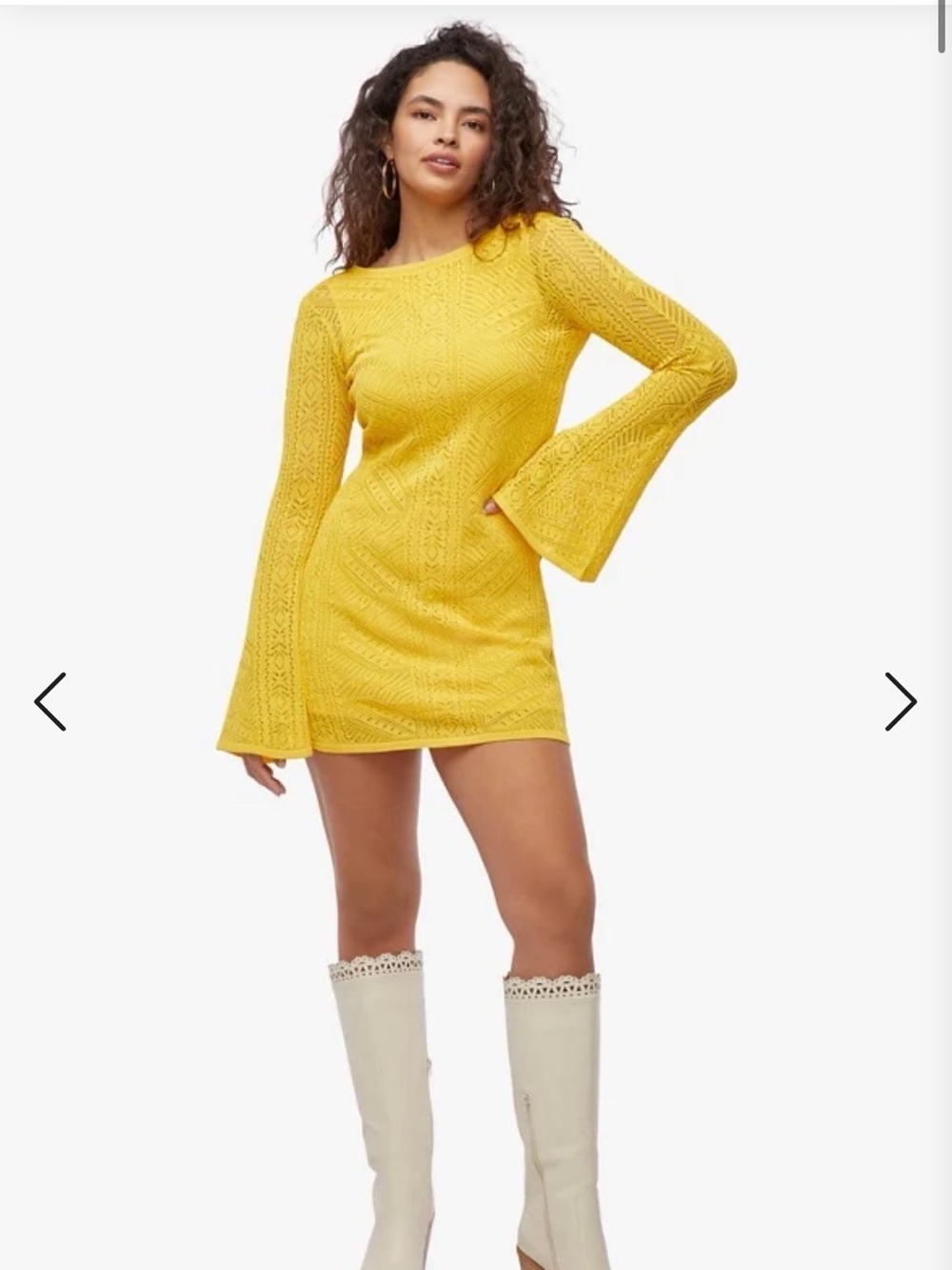 NWT 70s style Justfab Crochet Shift Dress Super Lemon Yellow Knit Mini Dress